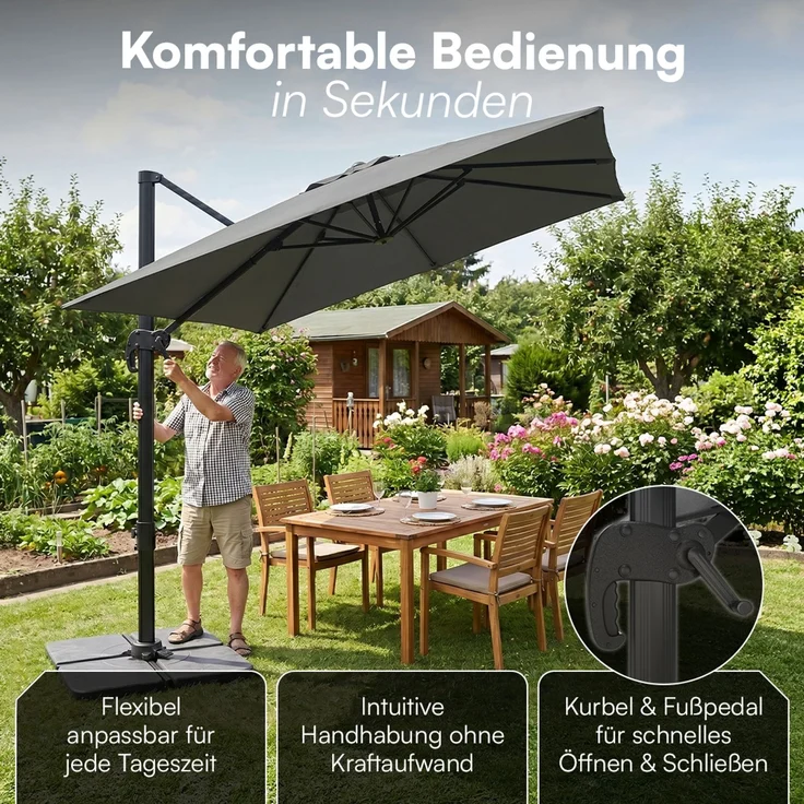 STEELSØN 'Lyrion' Sonnenschirm 300x300 cm quadratisch, neigbar und 360-Grad drehbar, anthrazit, Ampelschirm inkl. Abdeckung, UV50+ – Bild 4