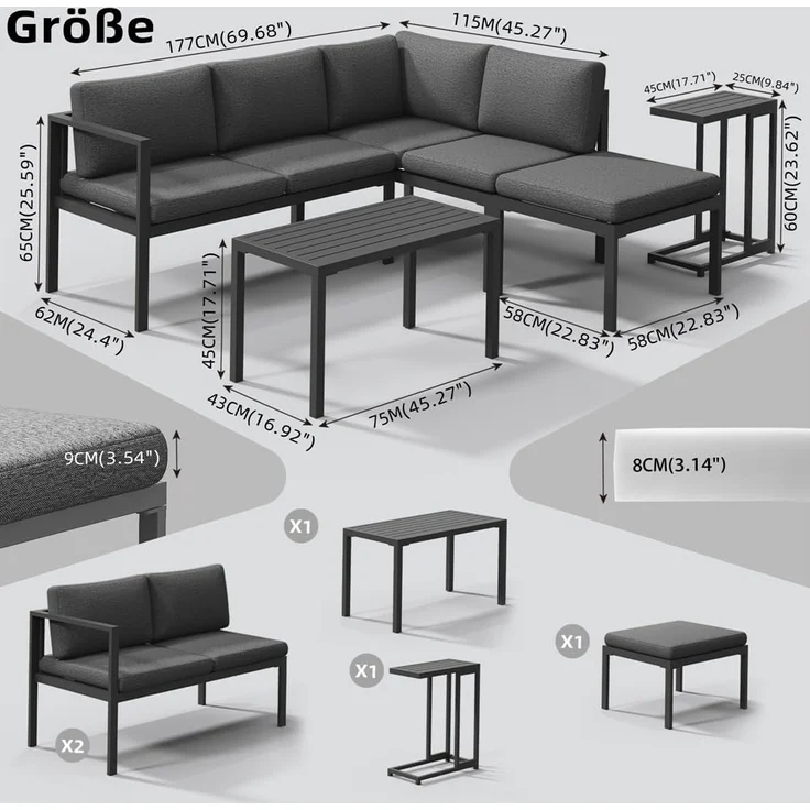 Mucola Sitzgruppe Aluminium Ecksofa mit Beistelltisch Lounge wetterfest Grau Tisch Balkonmöbel Terrasse Outdoor-Möbel – Bild 6