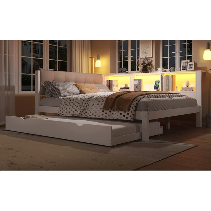 Daybett 140x200 cm mit Ausziehbett und LED-Beleuchtung, Weiß, Kiefernholz & MDF, Einzelbett mit USB-Anschluss, Regal und Rollbett – Bild 5
