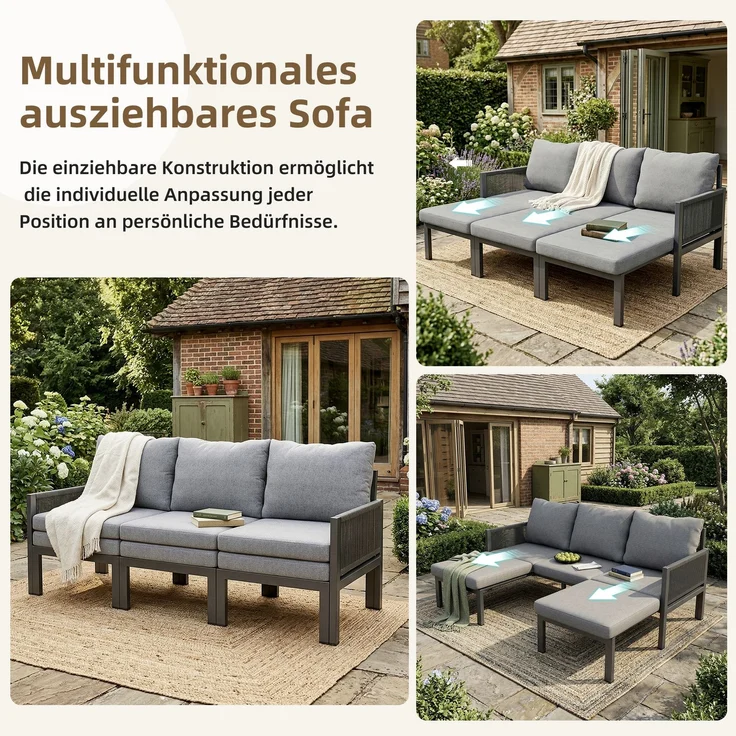 Merax Gartenmöbel-Set, Outdoorsofa, 3-Sitzer-Sofa, Multifunktionales Sofa, lässt sich in einen Liegesessel verwandeln, verzinktes Eisen, grau – Bild 5