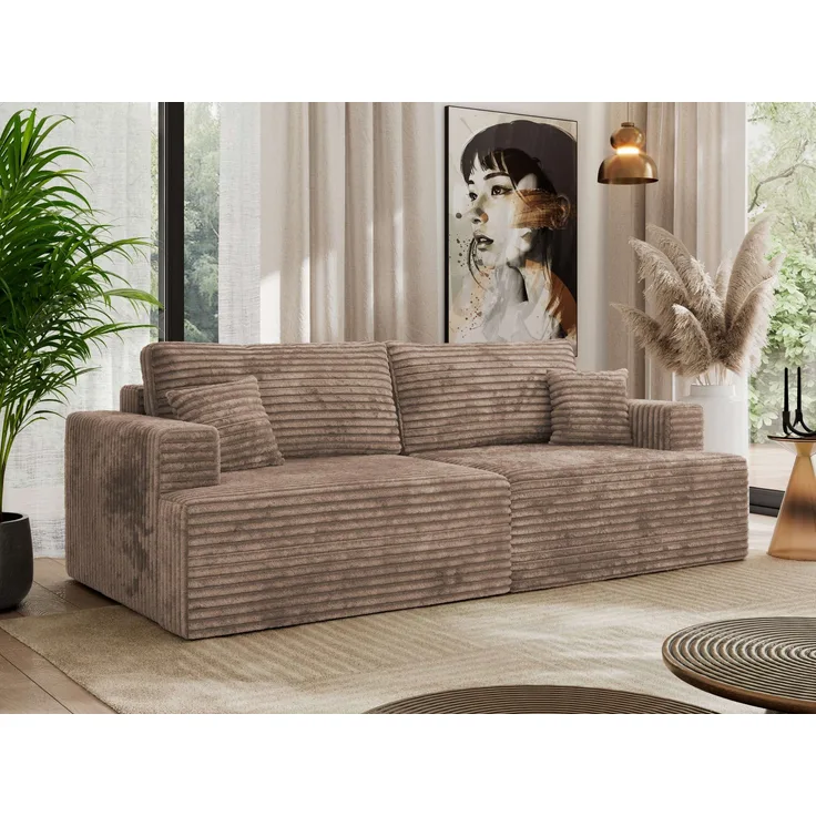 Sofa mit DL-Schlaffunktion, 4-Sitzer Sofa, Bettkasten, 240 x 115 x 88 cm, lose Kissen, Armlehnen - VIRELLA - Braun Cord