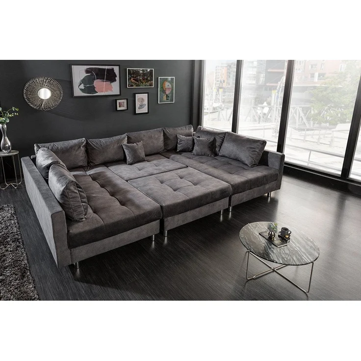 riess-ambiente Wohnlandschaft KENT 305cm grau / silber, Einzelartikel 1 Teile, Wohnzimmer · XXL · U-Form · Federkern · Samt · Hocker & Kissen – Bild 3