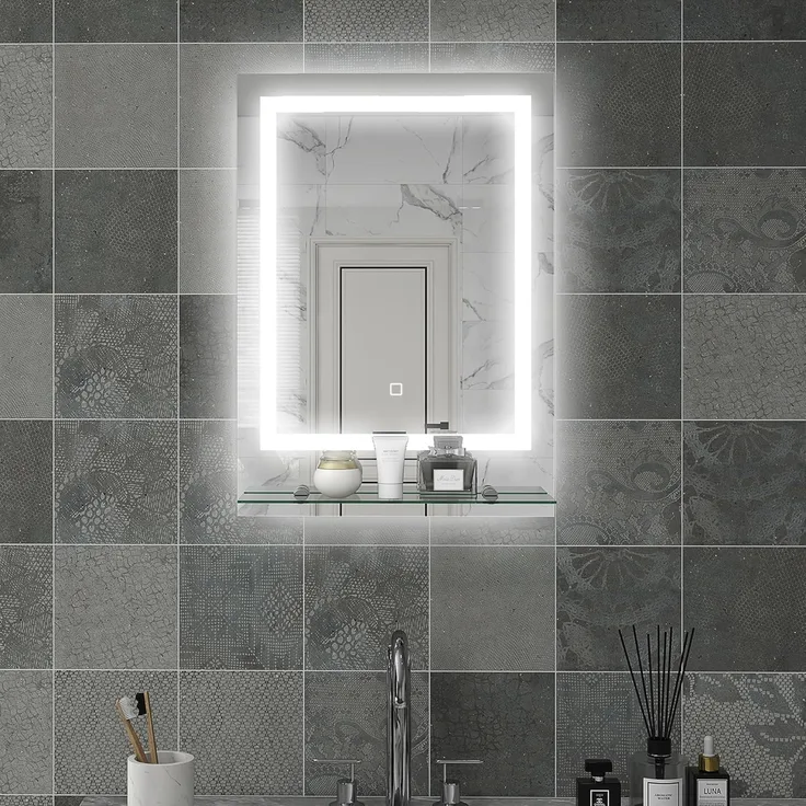 Kleankin Spiegel mit Beleuchtung, Touch-Schalter, Memory-Funktion (Wandspiegel, 1-St, Badezimmerspiegel), mit Anti-Beschlag, 70 x 50 cm