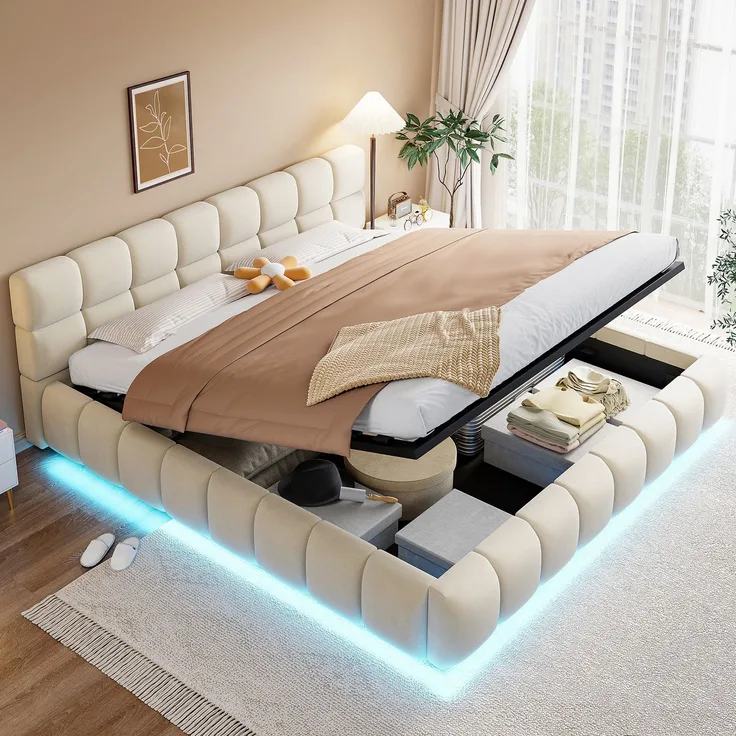 Merax Polsterbett 180 x 200 cm Doppelbett, Mit Lichtleiste, Kopfteil und Bettseiten mit voluminöser, Solider Formgebung, Ausgestattet mit hydraulischer Staufunktion, Samt, Beige