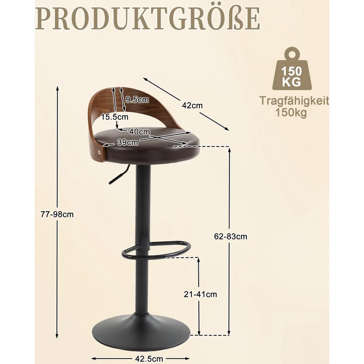LVHOM Barstuhl 2er Set, 360° drehbarer Barhocker mit Rückenlehne und Fußstütze, höhenverstellbarer Tresenhocker aus Bugholz & PU-Leder, Braun – Bild 6