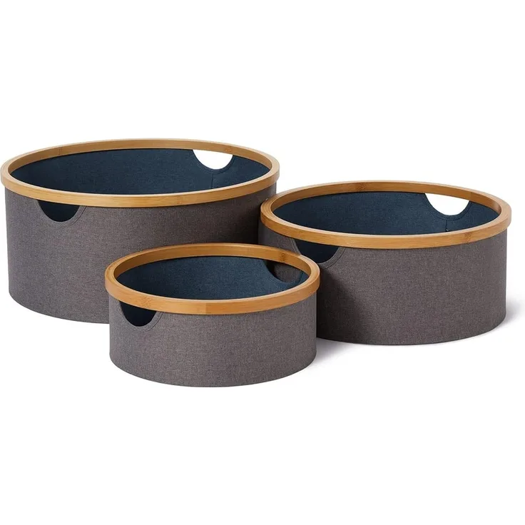Lumaland Bambus-Aufbewahrungsbox rund 3er-Set grau/blau 45x20cm/38x16cm/30x12cm