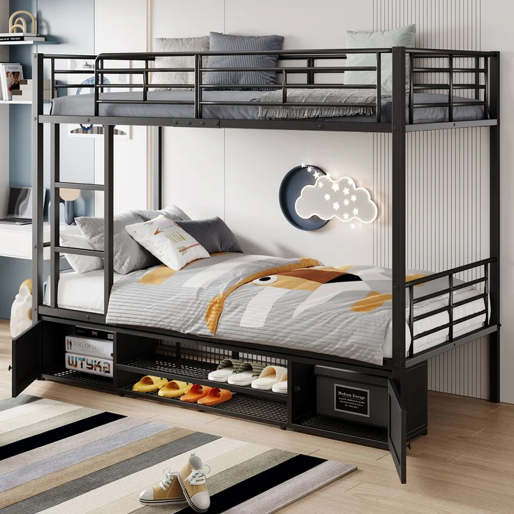 EINHOM Etagenbett 90x200cm mit Offener schuhschrank, kinderbett mit Seitenleiter und Fallschutzgitter, Schwarz (Ohne Matratze) – Bild 4