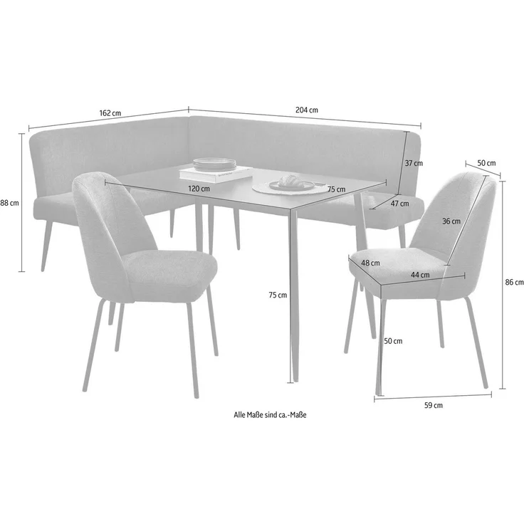 OTTO home Eckbankgruppe Melvin (Set, 4-tlg. Tisch, Bank und 2 Stühle), Taschenfederkern, Tisch (120x75 cm) schwarz, Bank und Stühle anthrazit oder beige – Bild 3