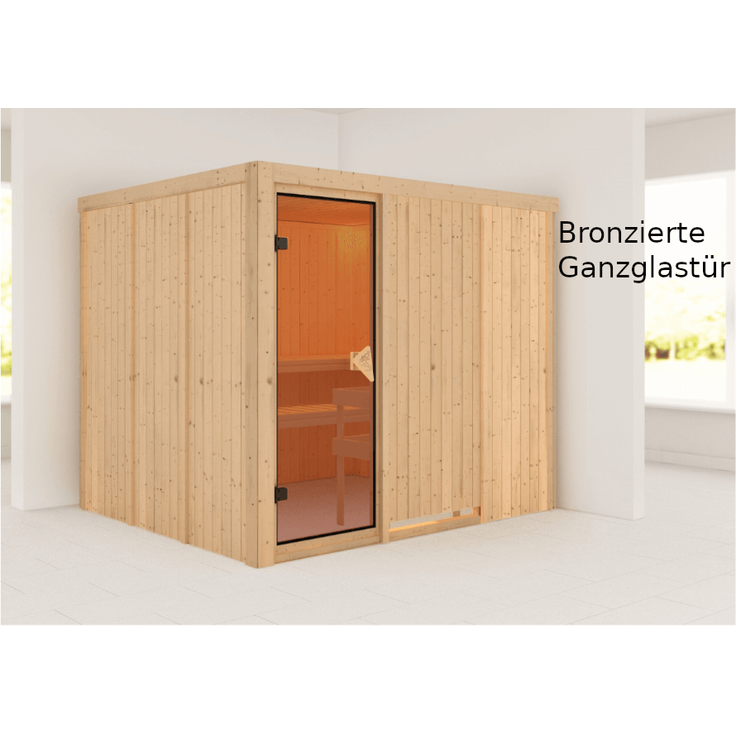 Karibu Sauna Gobin mit Dachkranz + 9kW Saunaofen mit integrierter Steuerung Bronzierte Ganzglastür – Bild 5