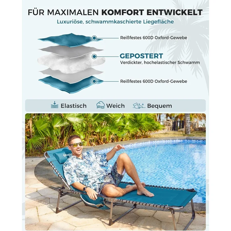 KingCamp Übergroße Sonnenliege Klappbar 5-Fach Verstellbar Gartenliege Liegestuhl Dreibeinliege Liege Campingliege mit Kopfkissen und Seitentasche bis 150 kg für Garten Urlaub Strand Pool 200x68 cm – Bild 3