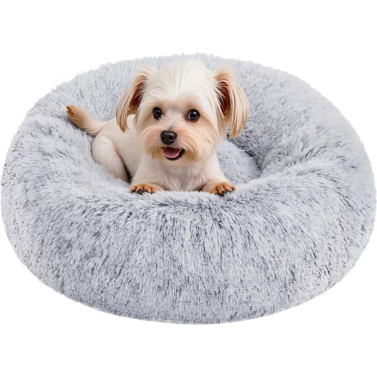 Feandrea Hundebett flauschig, Katzenbett, Donut Kissen, waschbar, Polsterung in der Mitte herausnehmbar, Langer Plüsch, 50 cm Durchmesser, Ombré-Grau PGW037G01