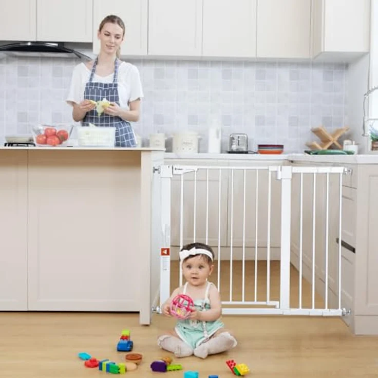 COMOMY 75-110cm Treppenschutzgitter Ohne Bohren, Türschutzgitter Auto Close, Türgitter für Baby, Kinder, Hund und Katze, Absperrgitter 90° Stop/ inkl. 3 Verlängerung (76cm Hoch, Weiß) – Bild 3