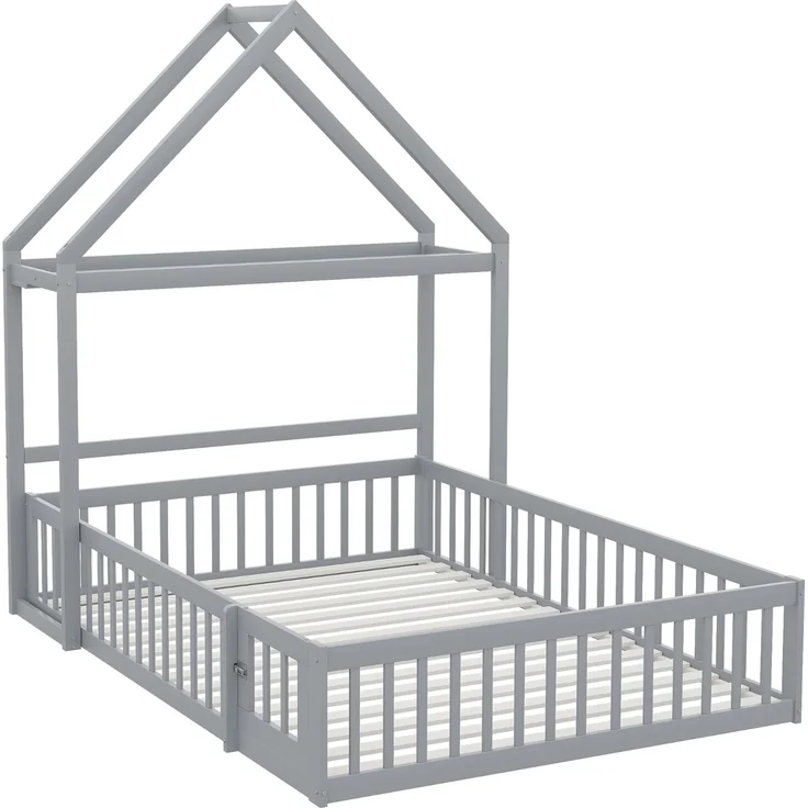 Spielhausbett Mit Abnehmbarem Dach 140x200 Kiefer Massivholz Bodenbett Mit Tür Bücherregal Kleiderstange Lattenrost 200kg Tragkraft Montessori Spielbett Großes Kinderbett – Bild 3