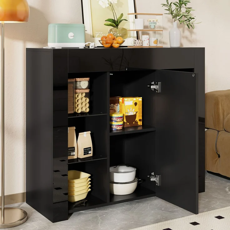 Abrihome Küchenschrank Buffet mit Glasregalen und Schranktür, Schwarz, 83x35x95 cm – Bild 6