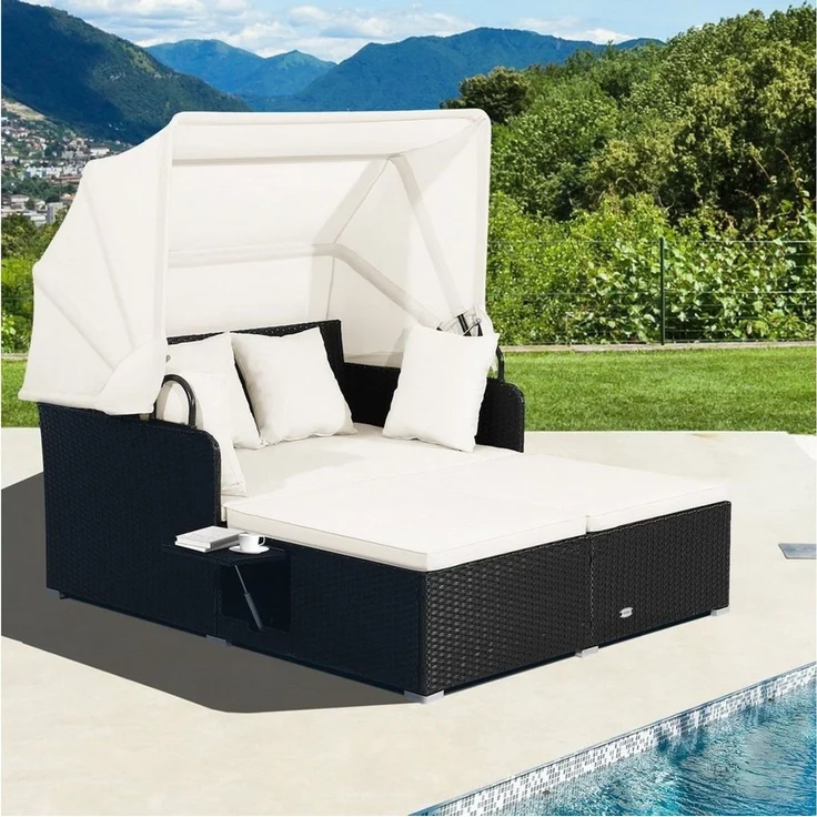 COSTWAY Loungebett, Rattan, 2-Personen, mit einziehbarem Sonnendach, Kissen – Bild 5