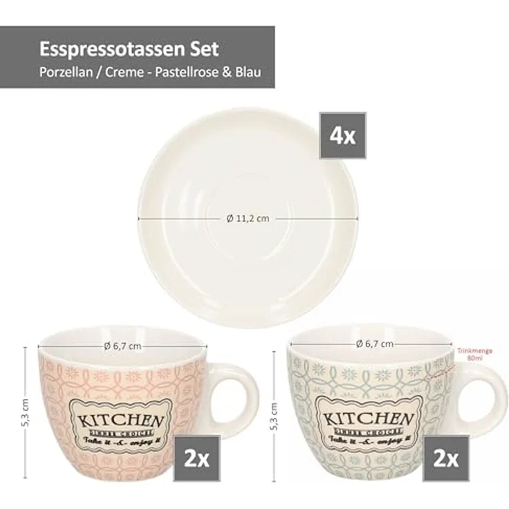 Ritzenhoff & Breker Tasse Ritzenhoff 4er Set Retro Kitchen Espressotasse 80ml Untertasse, Porzellan – Bild 6