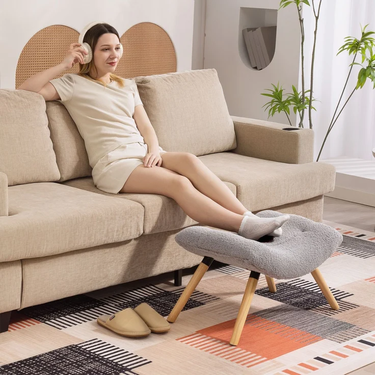 Moderner Fußhocker mit Fleece-Bezug und Holzbeinen, gepolstert, für Wohnzimmer, Schlafzimmer, Flur, Hellgrau--Hellgrau--67x45x38cm--YOUDENOVA – Bild 10