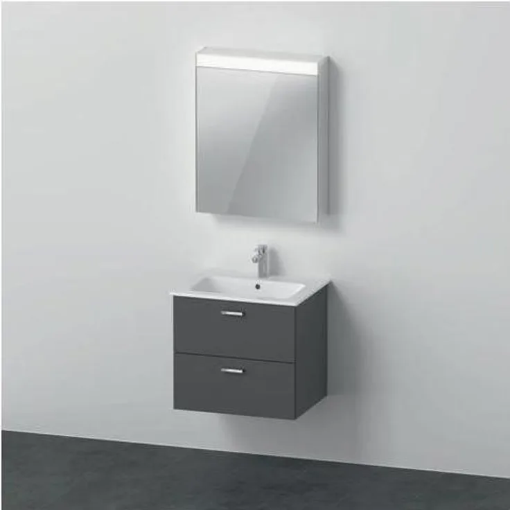 Duravit Badmöbel-Set XBASE 630mm, wandhängender Spiegelschrank mit LED-Randlichtfeld und Möbelwaschtisch mit Überlauf, grau