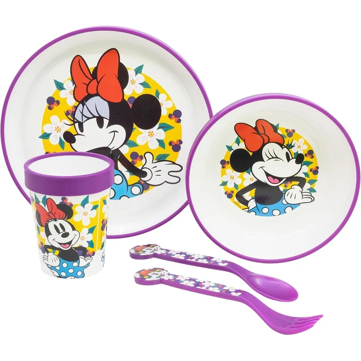 Disney Minnie Mouse Kindergeschirr Set 5-teilig Rutschfestes Ess-Set mit Teller, Schüssel, Becher & Besteck – Bild 2
