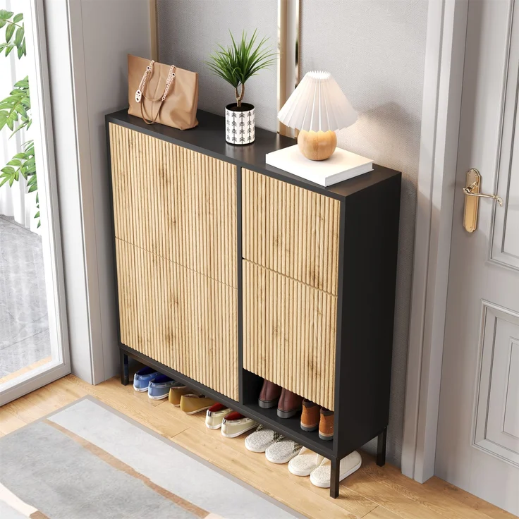 Schuhschrank aus MDF mit ausziehbarer Sitzbank & Klappen, 100x25x100 cm, Schwarz/Natur – Bild 10