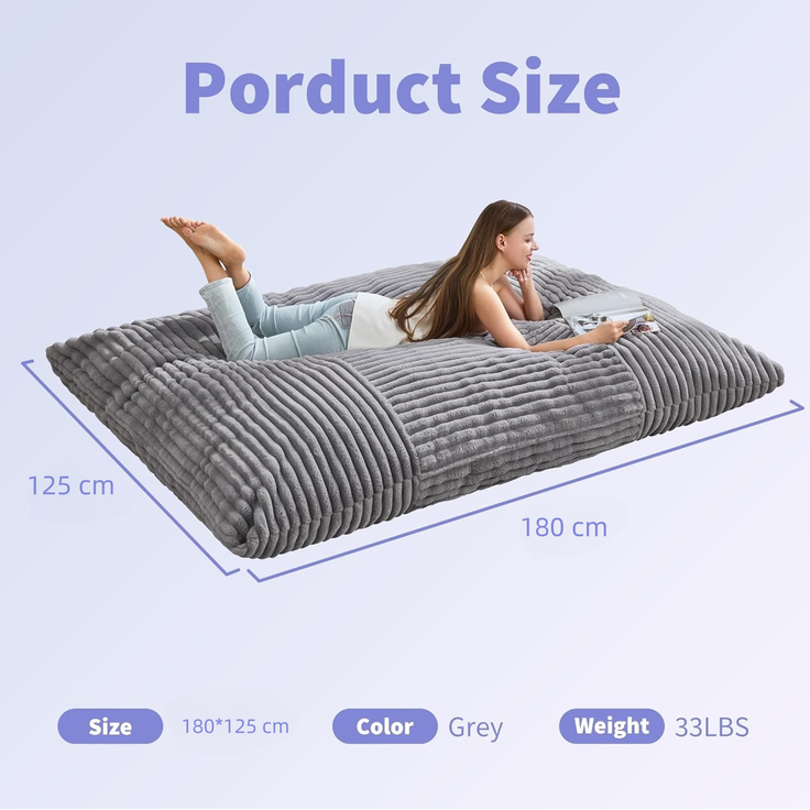 Sitzsack aus Cord, 3-in-1 als Sessel, Sofa und Liegefläche, 208cm×125cm×42cm, Hellgrau – Bild 4