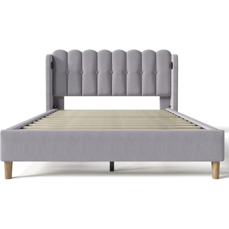 Einzelbett 160x200 cm Grau Leinen mit USB & Type-C Ladeanschluss,gepolstertes Kopfteil,Design-Paneel,stabiler Rahmen,inklusive Matratze – Bild 9