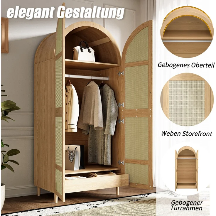 DESVIAE Garderobenschrank mit Rattantüren und Schubladen 80x179x50 cm MDF/Spanplatte Natur – Bild 6