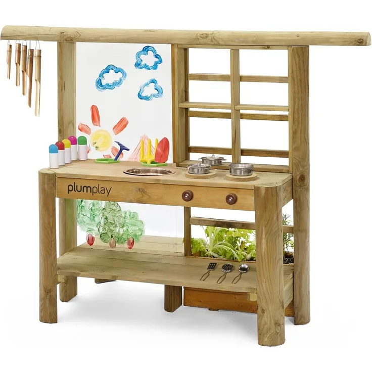 Plum 'Discovery Holz-Spielküche mit Mal- und Bepflanzungsmöglichkeiten', 160 x 53 x 36 cm, inkl. Zubehör, ab 3 Jahren