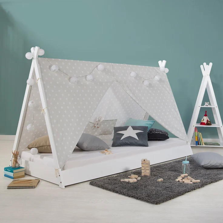 Kinderbett TIPI 90x200 Jugendbett weiß grau Holzbett Kinderzimmer Stoff – Bild 2