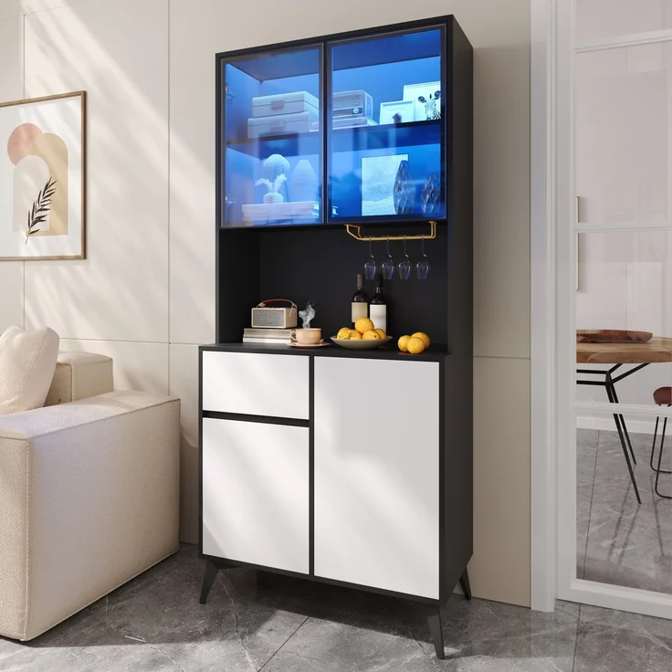 Hochschrank, Vitrine, Anrichte, Sideboard, Esszimmerschrank, Wohnzimmerschrank, Schwarz-Weiß Optik, MDF-Korpus, Glaselemente, integrierte LED-Leuchten, vielfältiger Stauraum--Schwarz, Weiß--80x40x180cm--YOUDENOVA – Bild 2