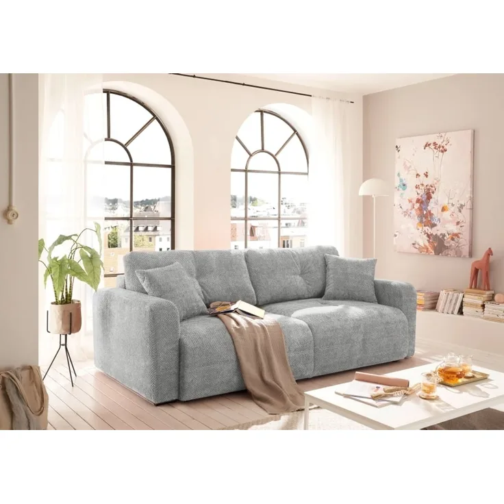 Schlafsofa Bullet von ED Exciting Design – Komfortables Mikrofaser-Sofa mit Nosagfederung Farbe Silber, Bettkasten und Liftbeschlag
