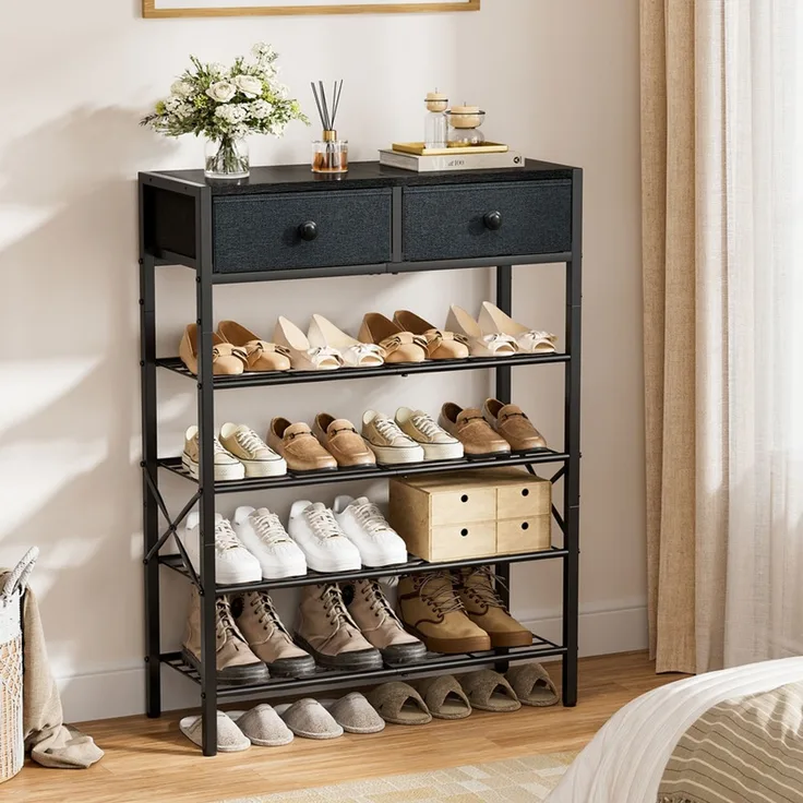 FABATO 5-stufiger Schuhorganizer mit 2 Vliesstoff-Schubladen & Holzplatte – Stahlregal für 16-20 Paar Schuhe | Schuhschrank für Diele, Flur oder Kleiderschrank in Schwarz-Grau