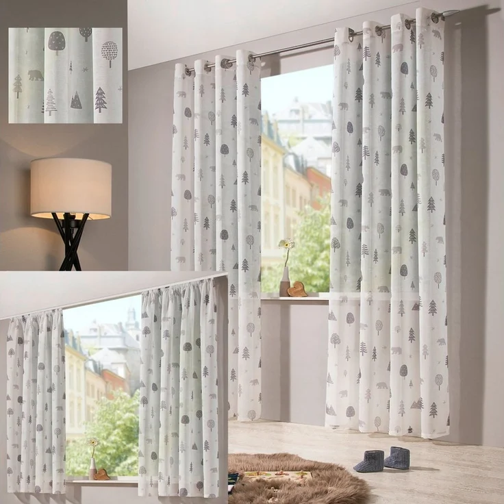 heimtexland Vorhang Kindergardine Skandi-Stil Dekoschal Wald Bär Grau (1 St), Kräuselband, halbtransparent, Polyester, Leinenoptik I Natur I Kräuselband I Kinderzimmer I Vorhang – Bild 3