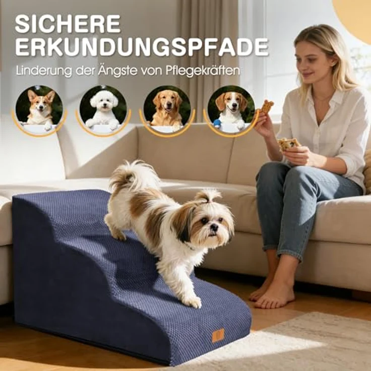 ZNM Hundetreppe – 3-stufige, wasserdichte Haustiertreppe für kleine Hunde, mit waschbarem Bezug und Reißverschluss, rutschfester Schwamm-Rampe, tragbar, auch als Katzentreppe nutzbar – Bild 3