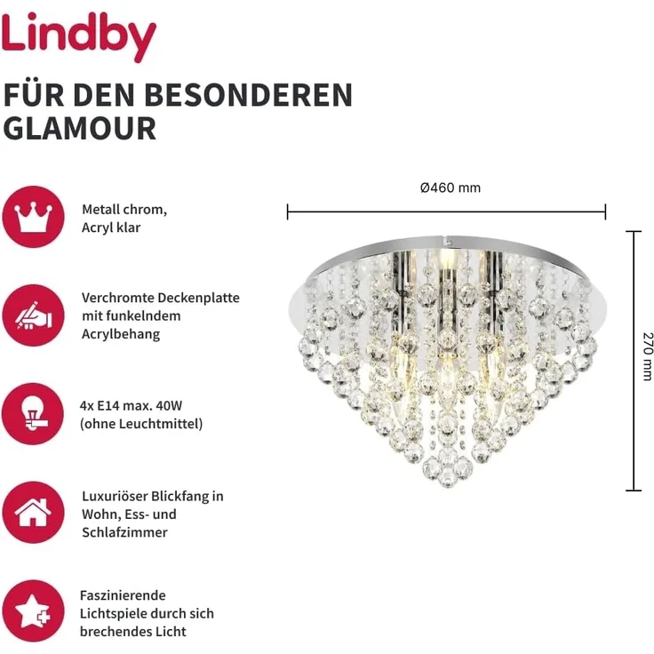 Lindby Deckenleuchten Annica, Metall, Transparent IP20, 5 x 40 W – Bild 2