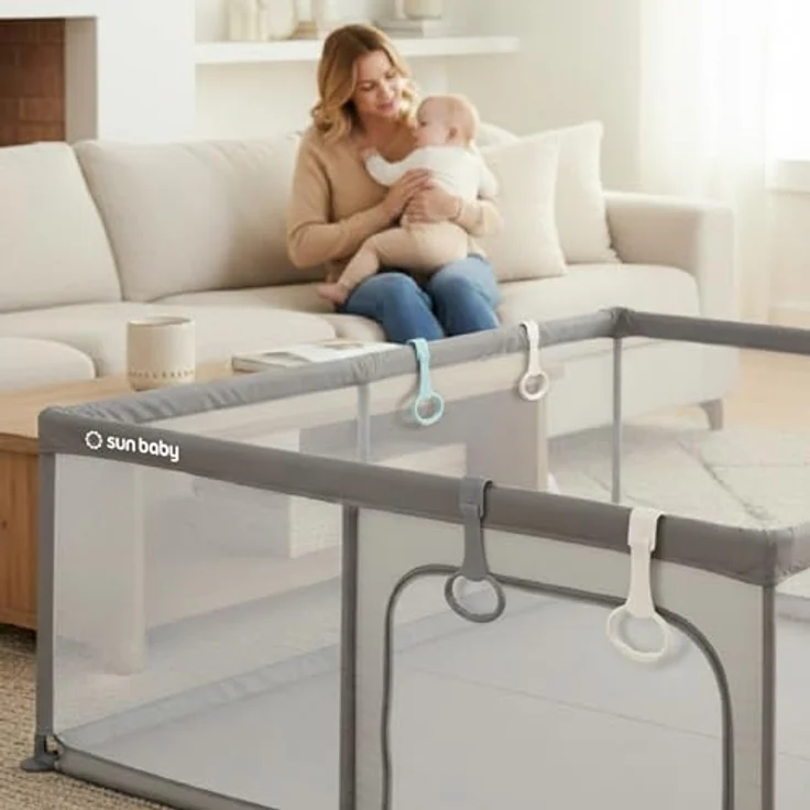 sun baby Laufstall mit grünen Griffen 150x200 cm 0-2 Jahre Grau, Polyester, Netzwände, Eingang mit Reißverschluss, rutschfeste Füße, Tragetasche im Set, Metallrahmen – Bild 5