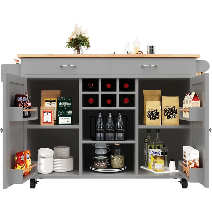 Kücheninsel Grau mit klappbarem Arbeitsbereich, multifunktionaler Esszimmerwagen, MDF-Tischplatte mit Holzmaserung, Zinkgriff,Weinregal und 360°Lenkrollen – Bild 9