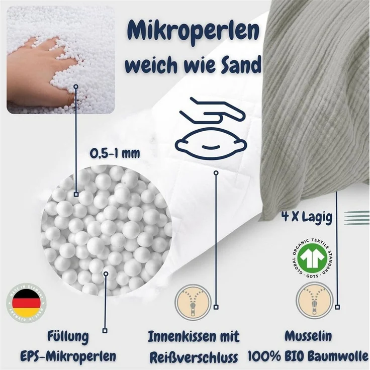 SEI Design Stillkissen Seitenschläferkissen Babynestchen mit EPS Mikroperlen, Schwangerschaftskissen mit Bezug, Bezug aus Musselin BIO Baumwolle – Bild 3