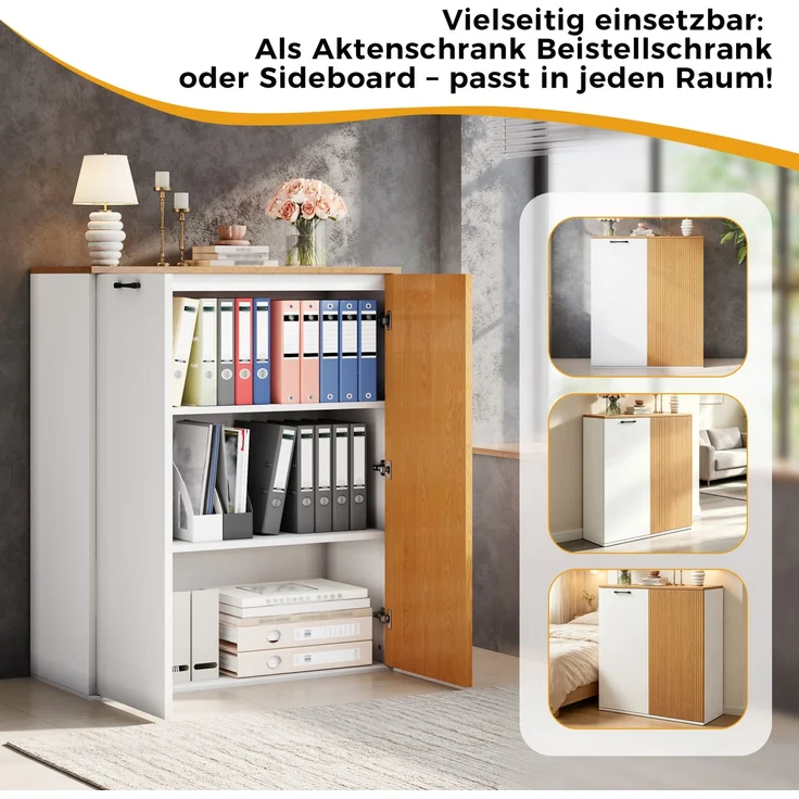 Aktenschrank 80x40x110 cm aus MDF – Weiß und Eichenholzoptik, mit Lamellenfront und Soft-Close – Bild 9