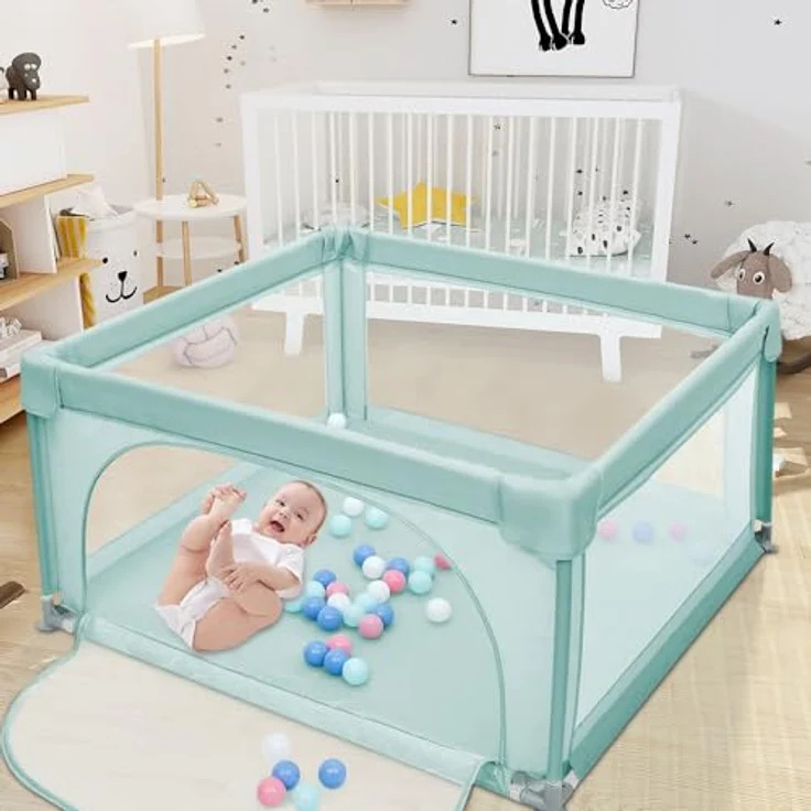 Baby Laufstall, Laufgitter klappbar, Ein-Knopf-Faltung & Sicherheitsschlössern, Krabbelgitter mit Netz & Reißverschluss, Laufgitterzelt für Kleinkinder,120 * 120 * 66cm – dunkelgrün – Bild 9