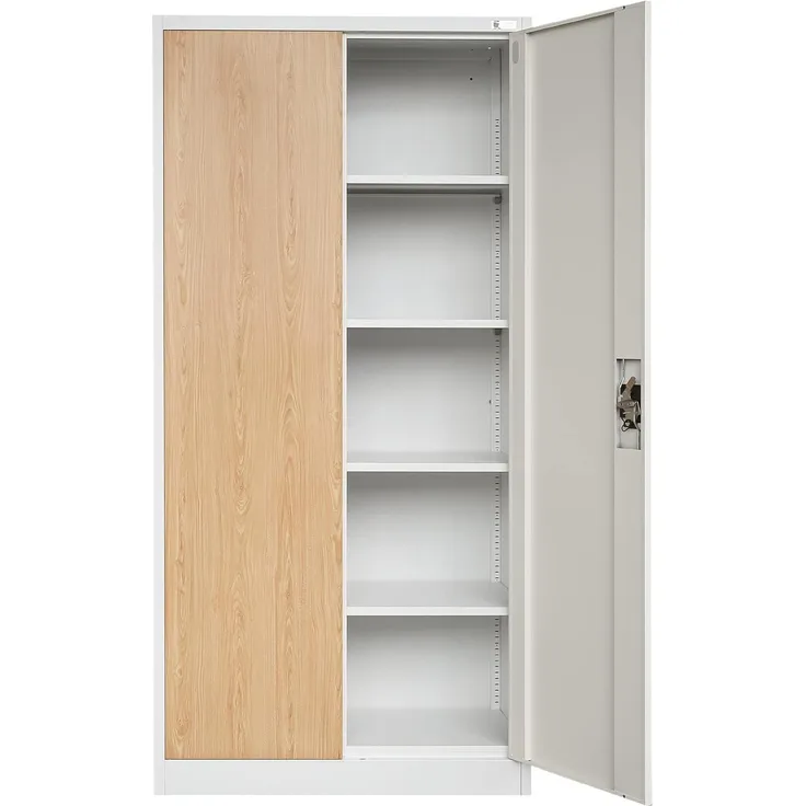 Aktenschrank C001H Büroschrank Metallschrank Stahlschrank Werkzeugschrank Stahlblech Pulverbeschichtet Flügeltürschrank Abschließbar 195 x 90 x 40 cm (Weiß-Holzoptik)