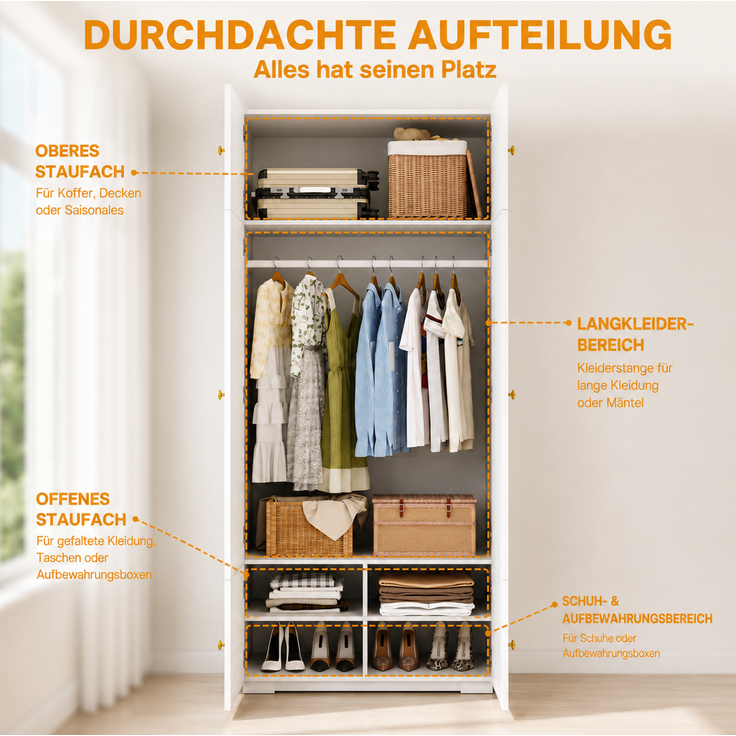 Kleiderschrank aus Spanplatte mit Kleiderstange und 5 Fächern, 90x50x200 cm, Weiß – Bild 7