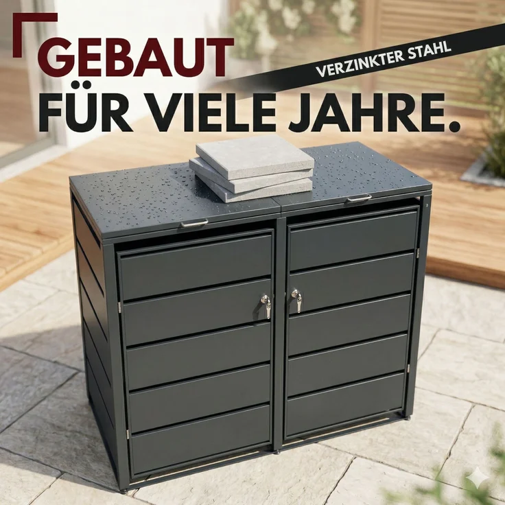 Albatros Mülltonnenbox 2er Tonne | bis 240 Liter | Anthrazitgrau RAL 7016 | verzinkter Stahl | Premium Dämpfer| Aufkleber-Set | wetterfest| verstellbare Füße| Türgriff mit Schloss | Gartenbox | entwickelt in Deutschland – Bild 3