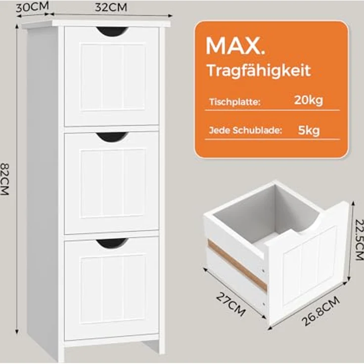 Sweetcrispy Badezimmerschrank schmal modern, Badkommode mit 3 Schubladen, Hochglanz Weiß, großer Stauraum, Badezimmer Kommode, 32 x 30 x 81cm – Bild 3
