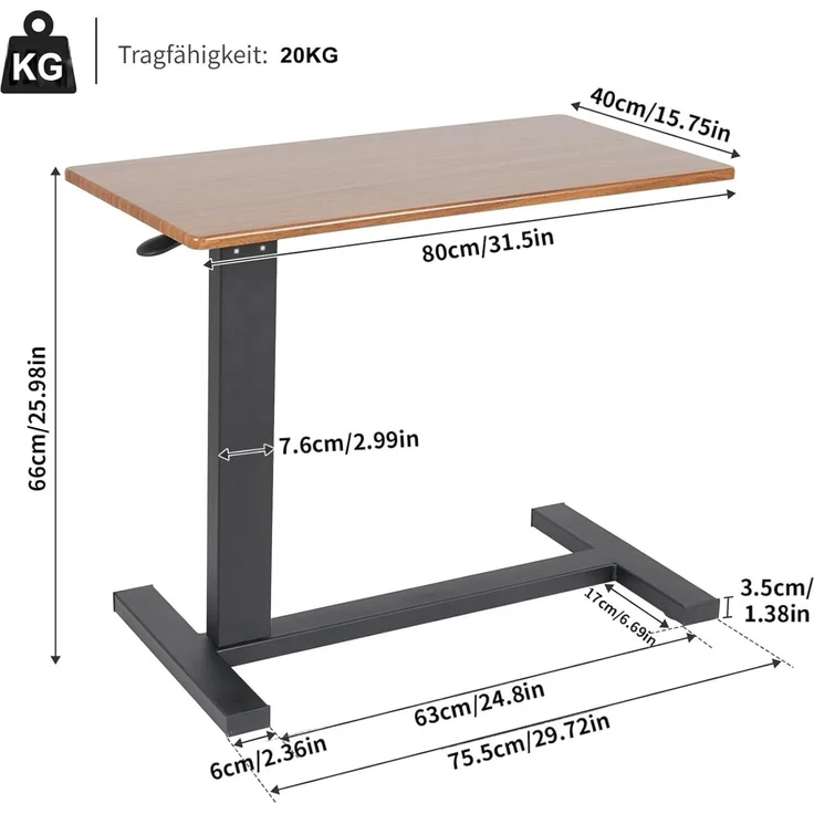 FATIVO Betttisch Beistelltisch Pflegetisch H?henverstellbar Laptoptisch auf Rollen Krankentisch aus MDF Braun 80x40x90 cm – Bild 2