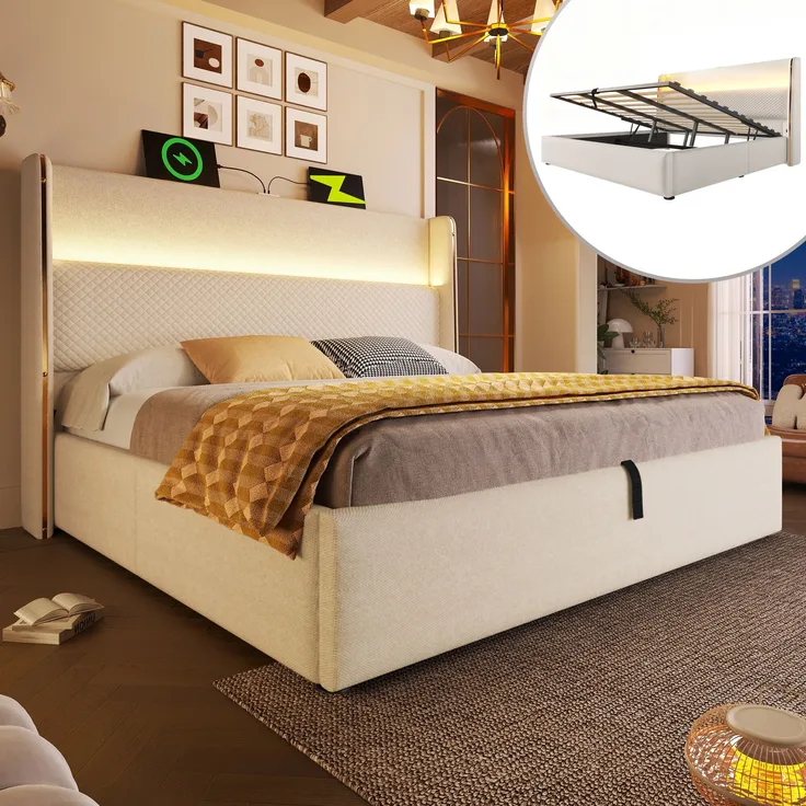 Hydraulisches Bett mit App-steuerbarer LED, USB-C Ladestation & hohem Kopfteil, 140x200 cm, Beige, ohne Matratze