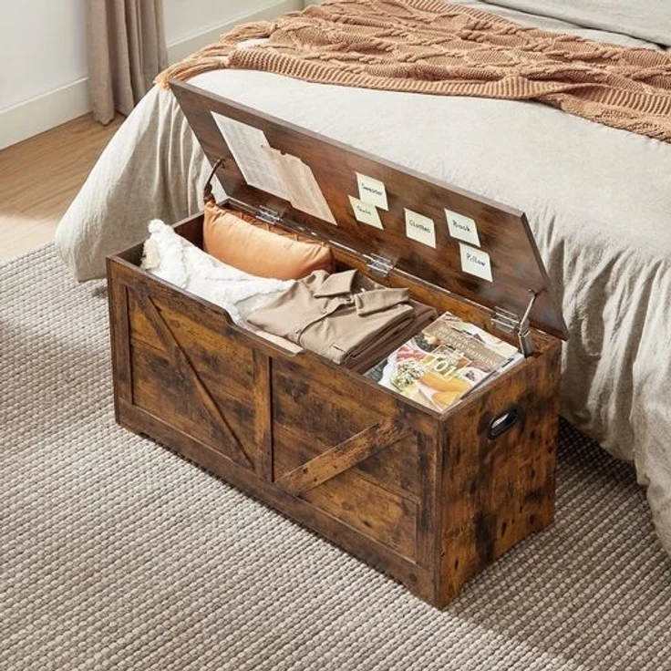 Vasagle Aufbewahrungsschrank, Spielzeugtruhe, Schuhbank, Sitztruhe, Sitzbank mit Stauraum, Sicherheitsscharniere, Holzspanplatte, vintagebraun, 100 x 40 x 46 cm – Bild 3