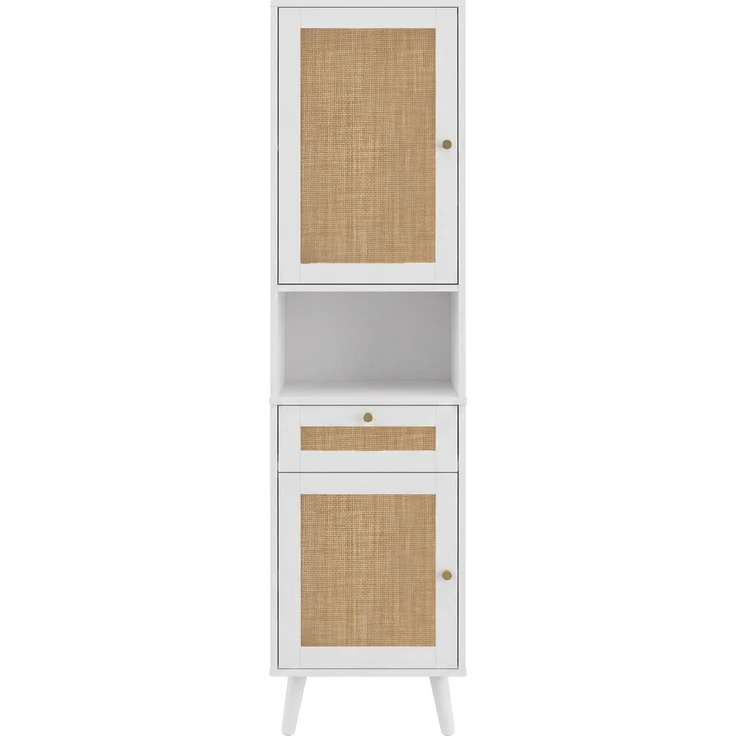 Flieks Badezimmer-Hochschrank 40x30x166 cm, Badschrank aus weißem MDF mit Rattan-Türen, Schublade, Soft-Close & wendbarer Montage – Bild 10