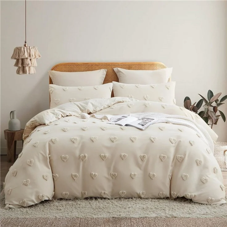 ibettertec Bettwäsche Böhmen Bettwäsche Getuftet Herz Boho Stickerei Shabby Chic 135x200cm, Microfaser Weiche Bettbezug mit Reißverschluss und Kissenbezug 80x80cm – Bild 1
