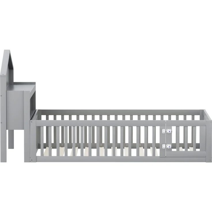 Kinderbett Hausform 140x200 cm mit Kreidetafel, Regalen & Tür,Massivholz Bodenbett,Grau – Bild 10